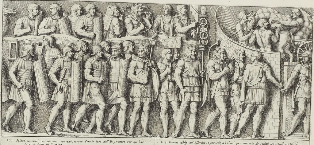 An illustration from Colonna Traiana eretta dal Senato, e popolo romano all'imperatore Traiano Avgvsto nel svo foro in Roma [electronic resource]: scolpita con l'historie della gverra dacica la prima e la seconda espeditione, e vittoria contro il re Decebalo, 1673, leaf 185