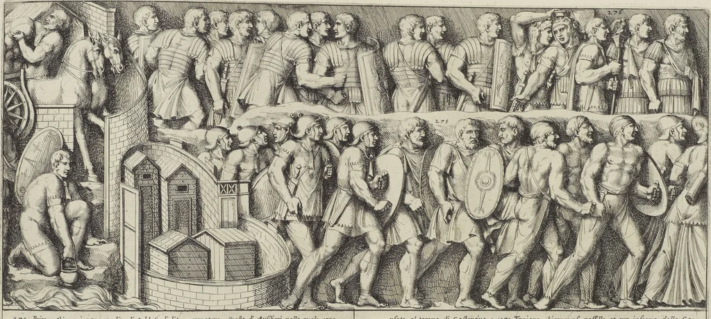 An illustration from Colonna Traiana eretta dal Senato, e popolo romano all'imperatore Traiano Avgvsto nel svo foro in Roma [electronic resource]: scolpita con l'historie della gverra dacica la prima e la seconda espeditione, e vittoria contro il re Decebalo, 1673, leaf 187