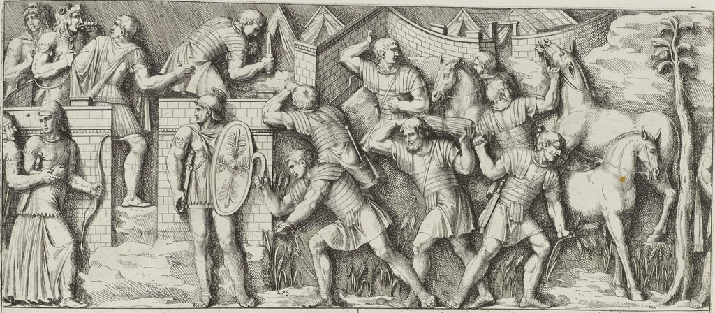 An illustration from Colonna Traiana eretta dal Senato, e popolo romano all'imperatore Traiano Avgvsto nel svo foro in Roma [electronic resource]: scolpita con l'historie della gverra dacica la prima e la seconda espeditione, e vittoria contro il re Decebalo, 1673, leaf 189