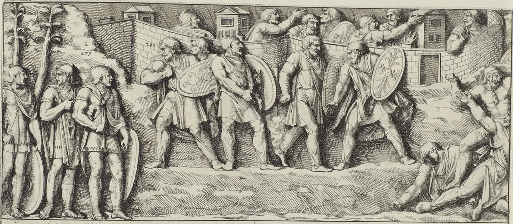 An illustration from Colonna Traiana eretta dal Senato, e popolo romano all'imperatore Traiano Avgvsto nel svo foro in Roma [electronic resource]: scolpita con l'historie della gverra dacica la prima e la seconda espeditione, e vittoria contro il re Decebalo, 1673, leaf 191