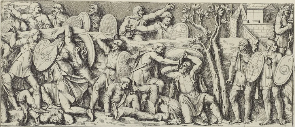 An illustration from Colonna Traiana eretta dal Senato, e popolo romano all'imperatore Traiano Avgvsto nel svo foro in Roma [electronic resource]: scolpita con l'historie della gverra dacica la prima e la seconda espeditione, e vittoria contro il re Decebalo, 1673, leaf 193