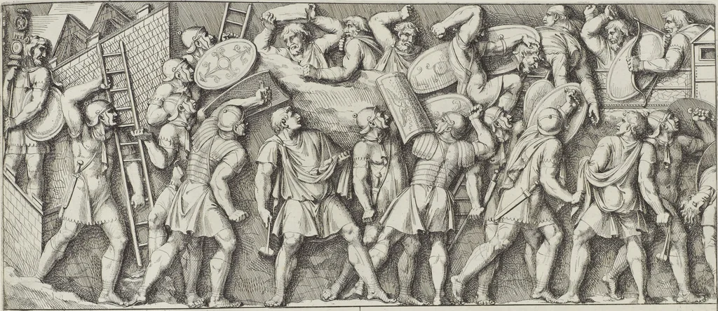 An illustration from Colonna Traiana eretta dal Senato, e popolo romano all'imperatore Traiano Avgvsto nel svo foro in Roma [electronic resource]: scolpita con l'historie della gverra dacica la prima e la seconda espeditione, e vittoria contro il re Decebalo, 1673, leaf 195