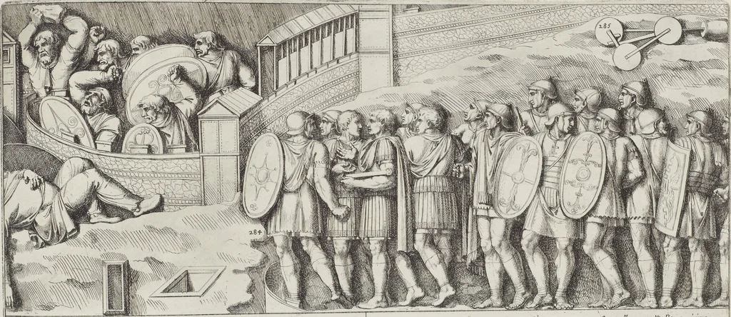 An illustration from Colonna Traiana eretta dal Senato, e popolo romano all'imperatore Traiano Avgvsto nel svo foro in Roma [electronic resource]: scolpita con l'historie della gverra dacica la prima e la seconda espeditione, e vittoria contro il re Decebalo, 1673, leaf 197