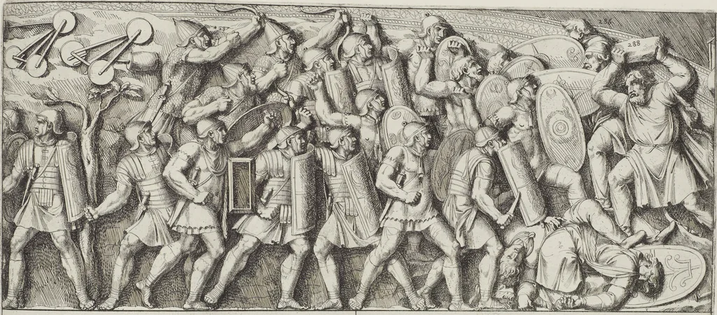 An illustration from Colonna Traiana eretta dal Senato, e popolo romano all'imperatore Traiano Avgvsto nel svo foro in Roma [electronic resource]: scolpita con l'historie della gverra dacica la prima e la seconda espeditione, e vittoria contro il re Decebalo, 1673, leaf 199
