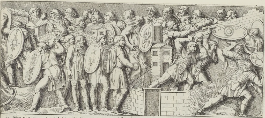 An illustration from Colonna Traiana eretta dal Senato, e popolo romano all'imperatore Traiano Avgvsto nel svo foro in Roma [electronic resource]: scolpita con l'historie della gverra dacica la prima e la seconda espeditione, e vittoria contro il re Decebalo, 1673, leaf 201