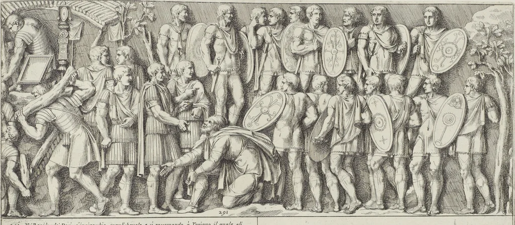 An illustration from Colonna Traiana eretta dal Senato, e popolo romano all'imperatore Traiano Avgvsto nel svo foro in Roma [electronic resource]: scolpita con l'historie della gverra dacica la prima e la seconda espeditione, e vittoria contro il re Decebalo, 1673, leaf 205