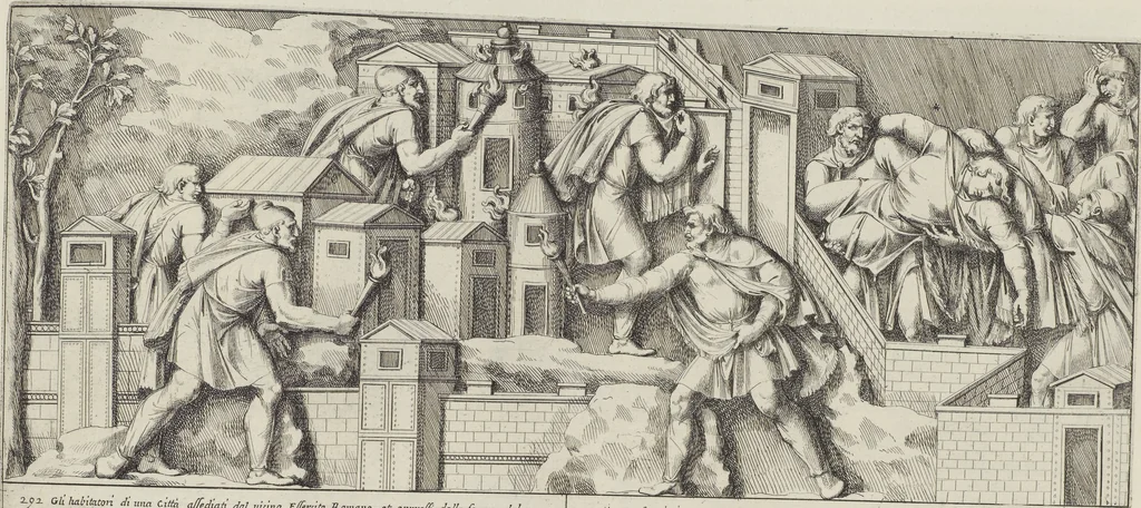 An illustration from Colonna Traiana eretta dal Senato, e popolo romano all'imperatore Traiano Avgvsto nel svo foro in Roma [electronic resource]: scolpita con l'historie della gverra dacica la prima e la seconda espeditione, e vittoria contro il re Decebalo, 1673, leaf 207