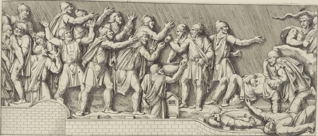 An illustration from Colonna Traiana eretta dal Senato, e popolo romano all'imperatore Traiano Avgvsto nel svo foro in Roma [electronic resource]: scolpita con l'historie della gverra dacica la prima e la seconda espeditione, e vittoria contro il re Decebalo, 1673, leaf 209