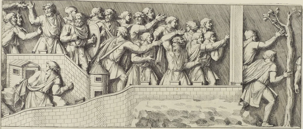 An illustration from Colonna Traiana eretta dal Senato, e popolo romano all'imperatore Traiano Avgvsto nel svo foro in Roma [electronic resource]: scolpita con l'historie della gverra dacica la prima e la seconda espeditione, e vittoria contro il re Decebalo, 1673, leaf 211
