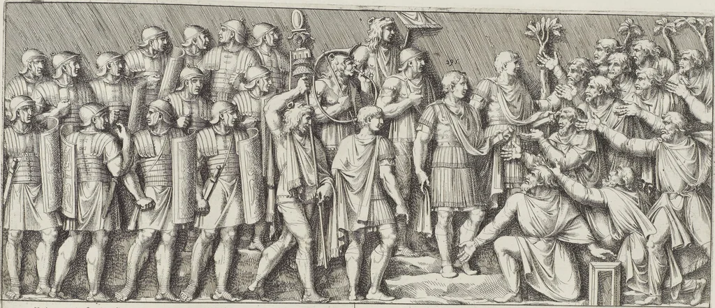 An illustration from Colonna Traiana eretta dal Senato, e popolo romano all'imperatore Traiano Avgvsto nel svo foro in Roma [electronic resource]: scolpita con l'historie della gverra dacica la prima e la seconda espeditione, e vittoria contro il re Decebalo, 1673, leaf 213