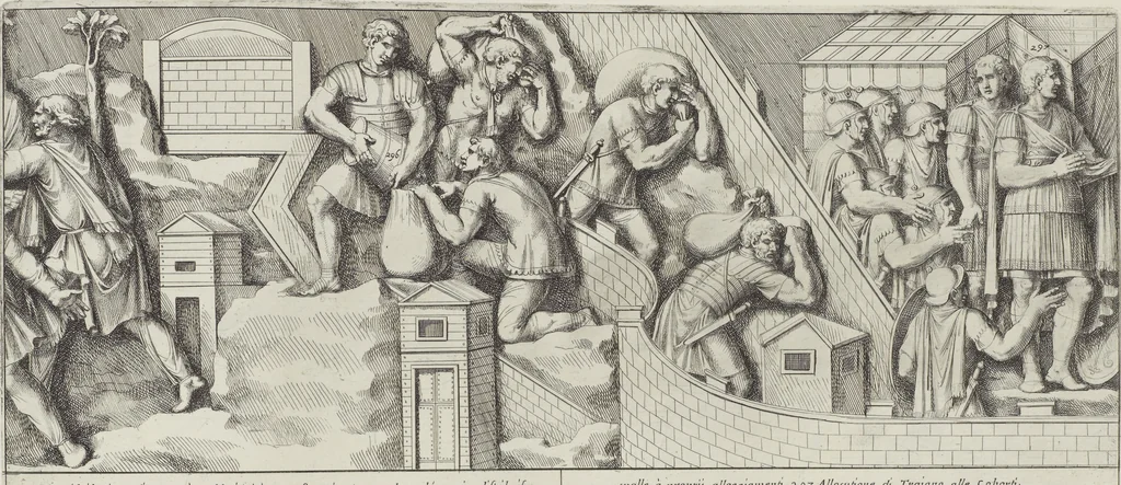 An illustration from Colonna Traiana eretta dal Senato, e popolo romano all'imperatore Traiano Avgvsto nel svo foro in Roma [electronic resource]: scolpita con l'historie della gverra dacica la prima e la seconda espeditione, e vittoria contro il re Decebalo, 1673, leaf 215