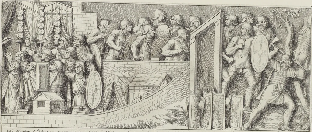 An illustration from Colonna Traiana eretta dal Senato, e popolo romano all'imperatore Traiano Avgvsto nel svo foro in Roma [electronic resource]: scolpita con l'historie della gverra dacica la prima e la seconda espeditione, e vittoria contro il re Decebalo, 1673, leaf 217