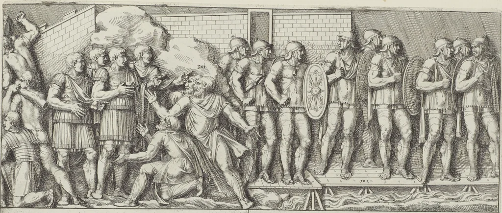 An illustration from Colonna Traiana eretta dal Senato, e popolo romano all'imperatore Traiano Avgvsto nel svo foro in Roma [electronic resource]: scolpita con l'historie della gverra dacica la prima e la seconda espeditione, e vittoria contro il re Decebalo, 1673, leaf 221