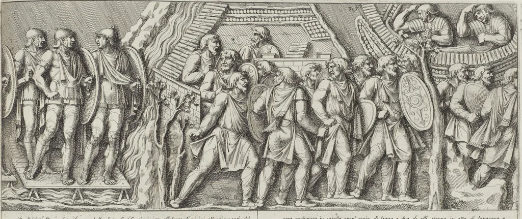 An illustration from Colonna Traiana eretta dal Senato, e popolo romano all'imperatore Traiano Avgvsto nel svo foro in Roma [electronic resource]: scolpita con l'historie della gverra dacica la prima e la seconda espeditione, e vittoria contro il re Decebalo, 1673, leaf 223