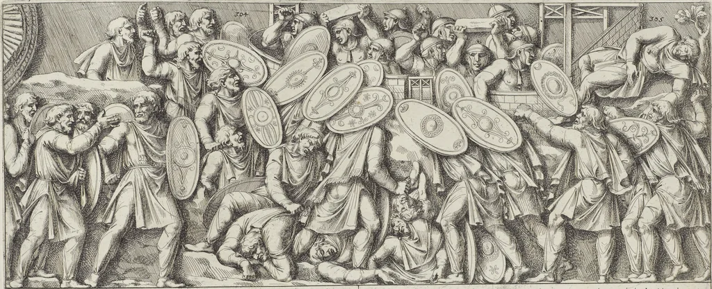 An illustration from Colonna Traiana eretta dal Senato, e popolo romano all'imperatore Traiano Avgvsto nel svo foro in Roma [electronic resource]: scolpita con l'historie della gverra dacica la prima e la seconda espeditione, e vittoria contro il re Decebalo, 1673, leaf 225