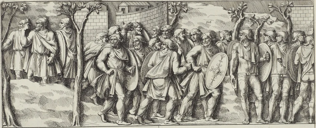 An illustration from Colonna Traiana eretta dal Senato, e popolo romano all'imperatore Traiano Avgvsto nel svo foro in Roma [electronic resource]: scolpita con l'historie della gverra dacica la prima e la seconda espeditione, e vittoria contro il re Decebalo, 1673, leaf 227