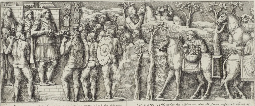 An illustration from Colonna Traiana eretta dal Senato, e popolo romano all'imperatore Traiano Avgvsto nel svo foro in Roma [electronic resource]: scolpita con l'historie della gverra dacica la prima e la seconda espeditione, e vittoria contro il re Decebalo, 1673, leaf 229