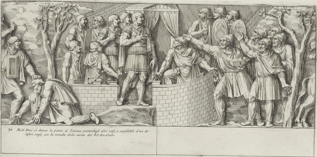 An illustration from Colonna Traiana eretta dal Senato, e popolo romano all'imperatore Traiano Avgvsto nel svo foro in Roma [electronic resource]: scolpita con l'historie della gverra dacica la prima e la seconda espeditione, e vittoria contro il re Decebalo, 1673, leaf 233