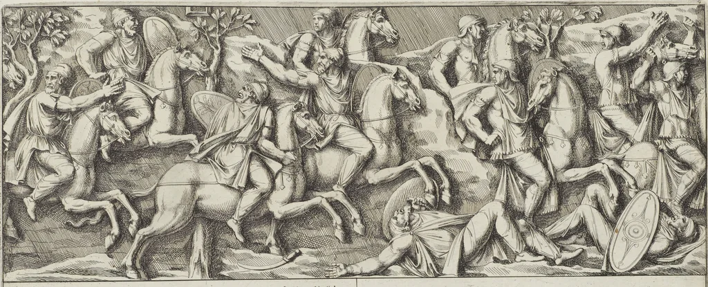 An illustration from Colonna Traiana eretta dal Senato, e popolo romano all'imperatore Traiano Avgvsto nel svo foro in Roma [electronic resource]: scolpita con l'historie della gverra dacica la prima e la seconda espeditione, e vittoria contro il re Decebalo, 1673, leaf 237