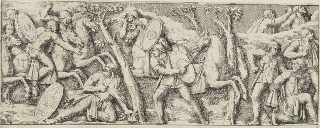An illustration from Colonna Traiana eretta dal Senato, e popolo romano all'imperatore Traiano Avgvsto nel svo foro in Roma [electronic resource]: scolpita con l'historie della gverra dacica la prima e la seconda espeditione, e vittoria contro il re Decebalo, 1673, leaf 239