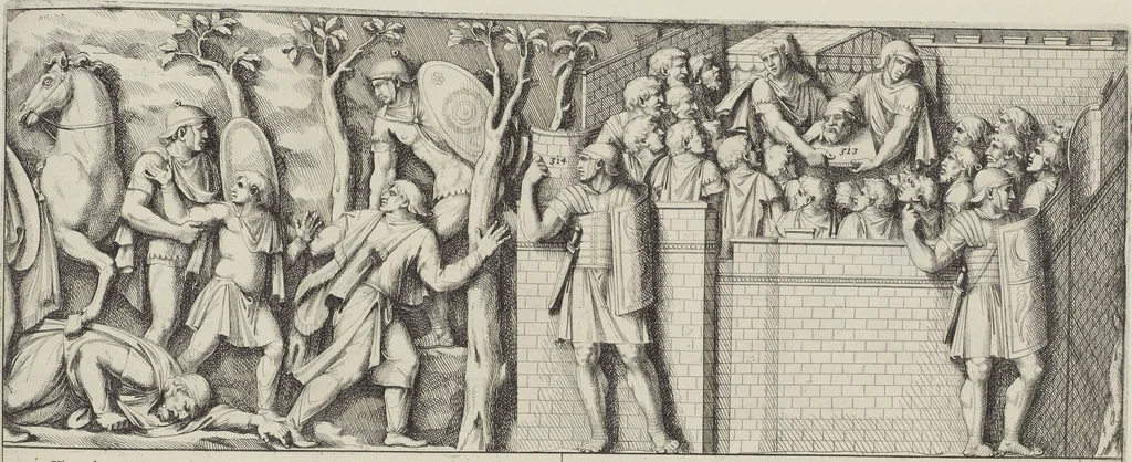 An illustration from Colonna Traiana eretta dal Senato, e popolo romano all'imperatore Traiano Avgvsto nel svo foro in Roma [electronic resource]: scolpita con l'historie della gverra dacica la prima e la seconda espeditione, e vittoria contro il re Decebalo, 1673, leaf 241