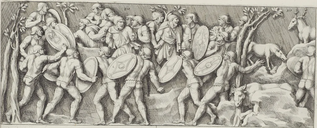 An illustration from Colonna Traiana eretta dal Senato, e popolo romano all'imperatore Traiano Avgvsto nel svo foro in Roma [electronic resource]: scolpita con l'historie della gverra dacica la prima e la seconda espeditione, e vittoria contro il re Decebalo, 1673, leaf 243