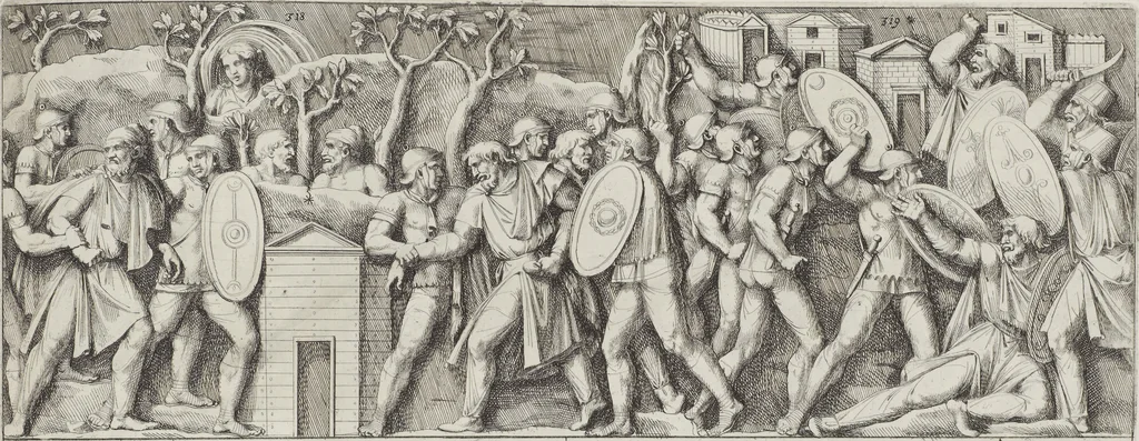 An illustration from Colonna Traiana eretta dal Senato, e popolo romano all'imperatore Traiano Avgvsto nel svo foro in Roma [electronic resource]: scolpita con l'historie della gverra dacica la prima e la seconda espeditione, e vittoria contro il re Decebalo, 1673, leaf 245