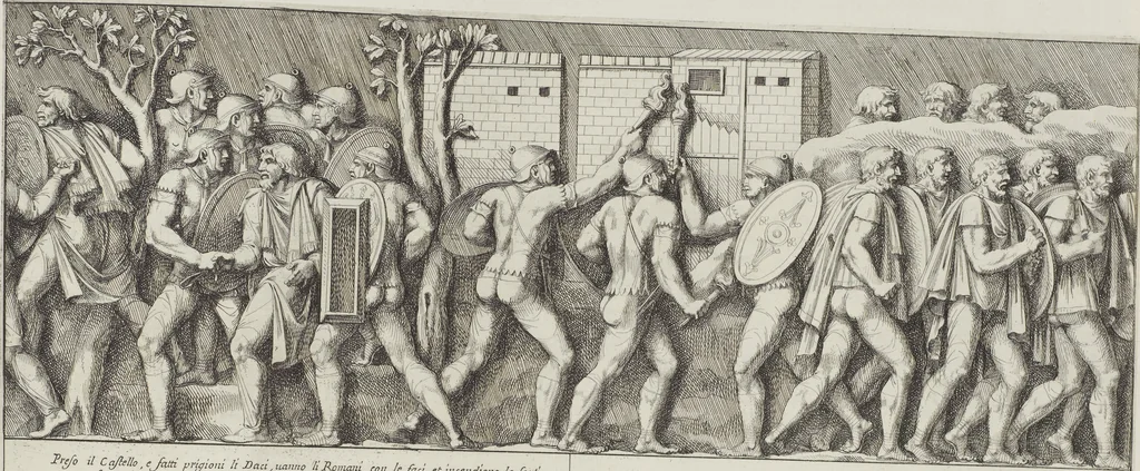 An illustration from Colonna Traiana eretta dal Senato, e popolo romano all'imperatore Traiano Avgvsto nel svo foro in Roma [electronic resource]: scolpita con l'historie della gverra dacica la prima e la seconda espeditione, e vittoria contro il re Decebalo, 1673, leaf 247