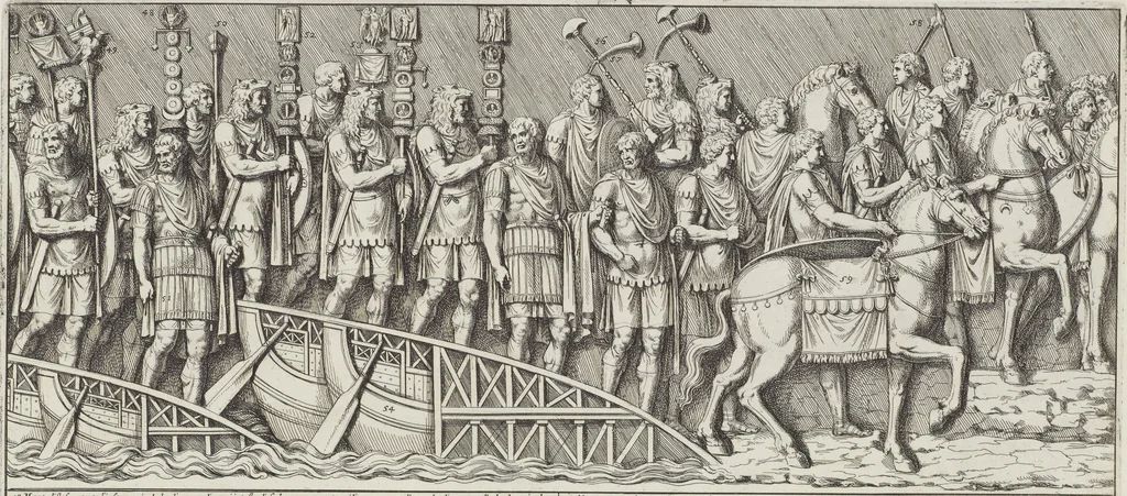 An illustration from Colonna Traiana eretta dal Senato, e popolo romano all'imperatore Traiano Avgvsto nel svo foro in Roma [electronic resource]: scolpita con l'historie della gverra dacica la prima e la seconda espeditione, e vittoria contro il re Decebalo, 1673, leaf 33
