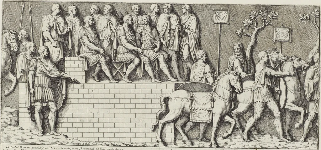An illustration from Colonna Traiana eretta dal Senato, e popolo romano all'imperatore Traiano Avgvsto nel svo foro in Roma [electronic resource]: scolpita con l'historie della gverra dacica la prima e la seconda espeditione, e vittoria contro il re Decebalo, 1673, leaf 35