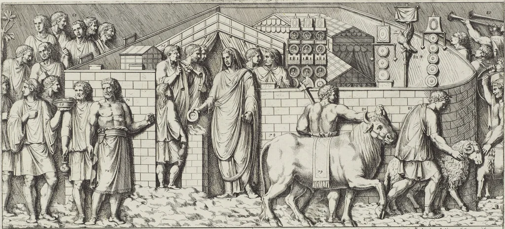 An illustration from Colonna Traiana eretta dal Senato, e popolo romano all'imperatore Traiano Avgvsto nel svo foro in Roma [electronic resource]: scolpita con l'historie della gverra dacica la prima e la seconda espeditione, e vittoria contro il re Decebalo, 1673, leaf 37