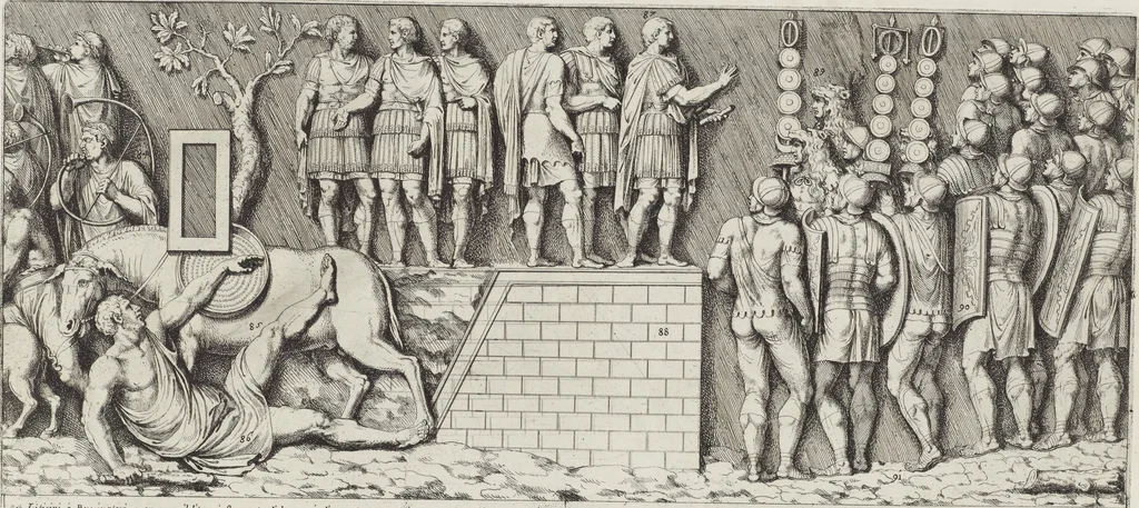 An illustration from Colonna Traiana eretta dal Senato, e popolo romano all'imperatore Traiano Avgvsto nel svo foro in Roma [electronic resource]: scolpita con l'historie della gverra dacica la prima e la seconda espeditione, e vittoria contro il re Decebalo, 1673, leaf 39