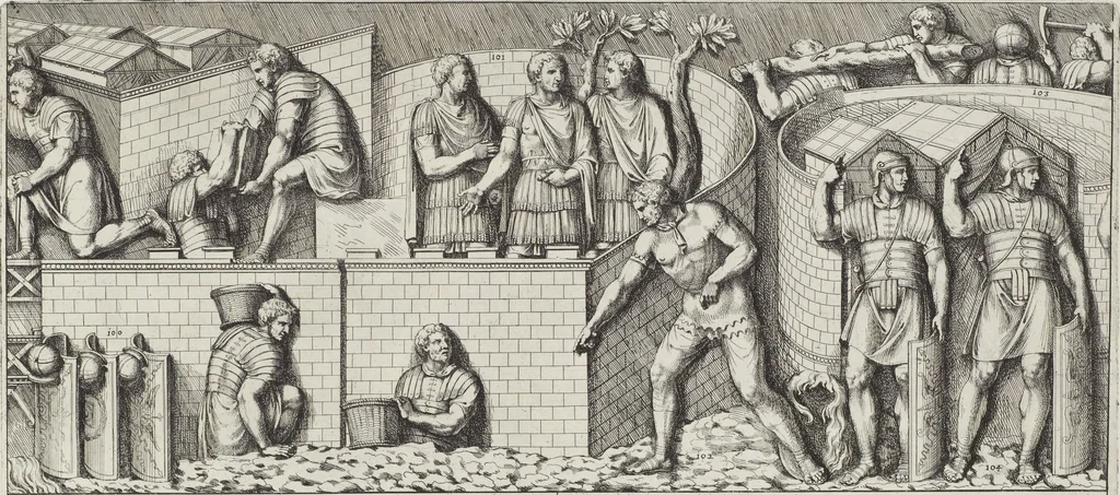 An illustration from Colonna Traiana eretta dal Senato, e popolo romano all'imperatore Traiano Avgvsto nel svo foro in Roma [electronic resource]: scolpita con l'historie della gverra dacica la prima e la seconda espeditione, e vittoria contro il re Decebalo, 1673, leaf 43