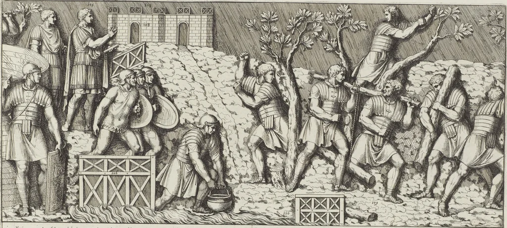An illustration from Colonna Traiana eretta dal Senato, e popolo romano all'imperatore Traiano Avgvsto nel svo foro in Roma [electronic resource]: scolpita con l'historie della gverra dacica la prima e la seconda espeditione, e vittoria contro il re Decebalo, 1673, leaf 45