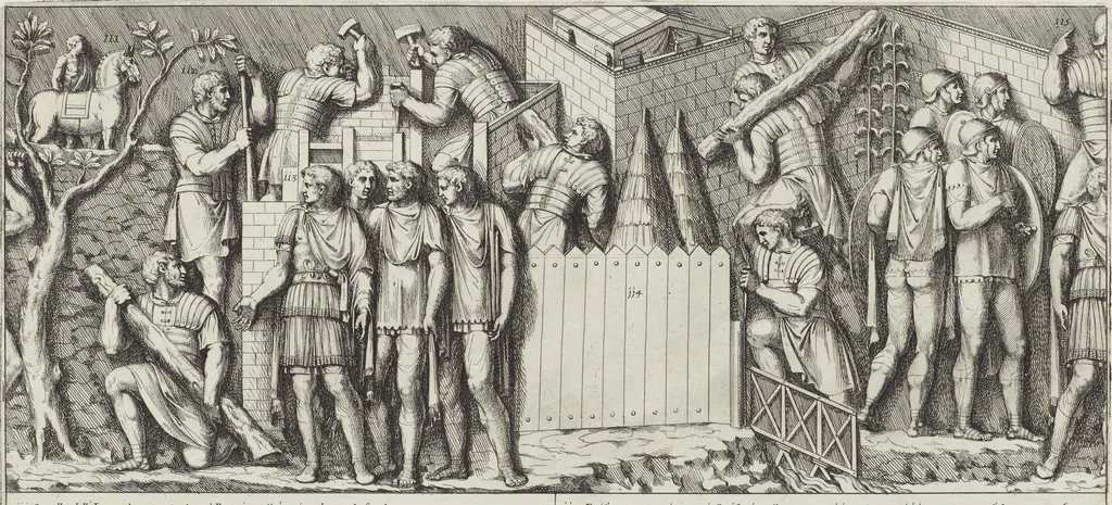 An illustration from Colonna Traiana eretta dal Senato, e popolo romano all'imperatore Traiano Avgvsto nel svo foro in Roma [electronic resource]: scolpita con l'historie della gverra dacica la prima e la seconda espeditione, e vittoria contro il re Decebalo, 1673, leaf 47