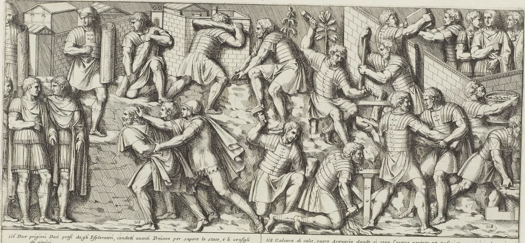 An illustration from Colonna Traiana eretta dal Senato, e popolo romano all'imperatore Traiano Avgvsto nel svo foro in Roma [electronic resource]: scolpita con l'historie della gverra dacica la prima e la seconda espeditione, e vittoria contro il re Decebalo, 1673, leaf 49