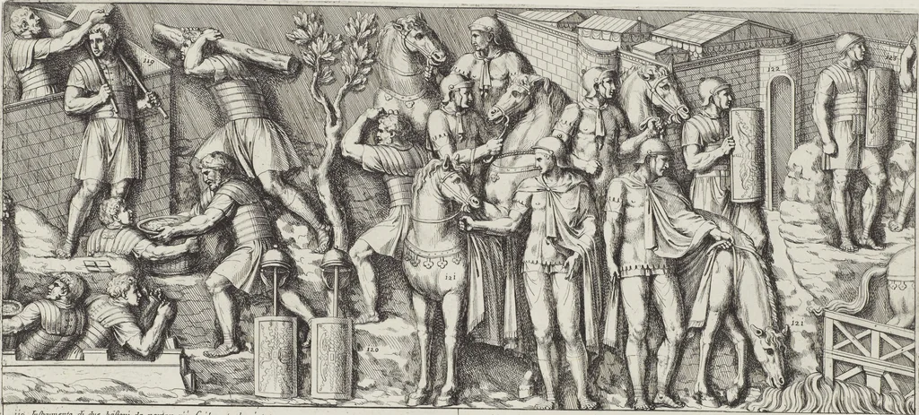 An illustration from Colonna Traiana eretta dal Senato, e popolo romano all'imperatore Traiano Avgvsto nel svo foro in Roma [electronic resource]: scolpita con l'historie della gverra dacica la prima e la seconda espeditione, e vittoria contro il re Decebalo, 1673, leaf 51