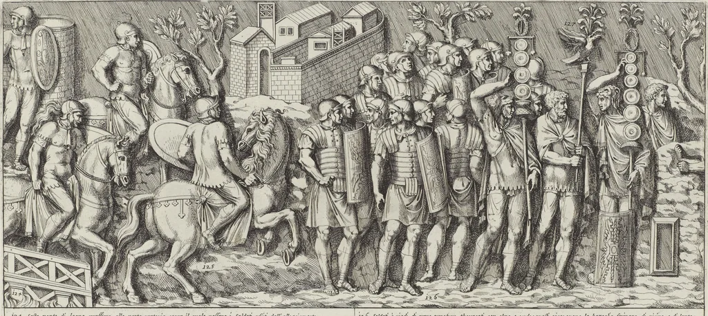 An illustration from Colonna Traiana eretta dal Senato, e popolo romano all'imperatore Traiano Avgvsto nel svo foro in Roma [electronic resource]: scolpita con l'historie della gverra dacica la prima e la seconda espeditione, e vittoria contro il re Decebalo, 1673, leaf 53