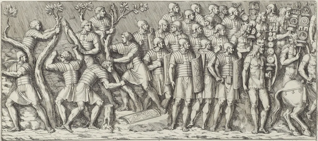 An illustration from Colonna Traiana eretta dal Senato, e popolo romano all'imperatore Traiano Avgvsto nel svo foro in Roma [electronic resource]: scolpita con l'historie della gverra dacica la prima e la seconda espeditione, e vittoria contro il re Decebalo, 1673, leaf 55