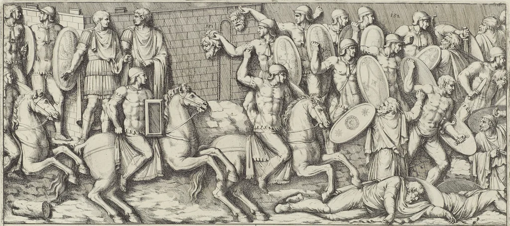 An illustration from Colonna Traiana eretta dal Senato, e popolo romano all'imperatore Traiano Avgvsto nel svo foro in Roma [electronic resource]: scolpita con l'historie della gverra dacica la prima e la seconda espeditione, e vittoria contro il re Decebalo, 1673, leaf 57