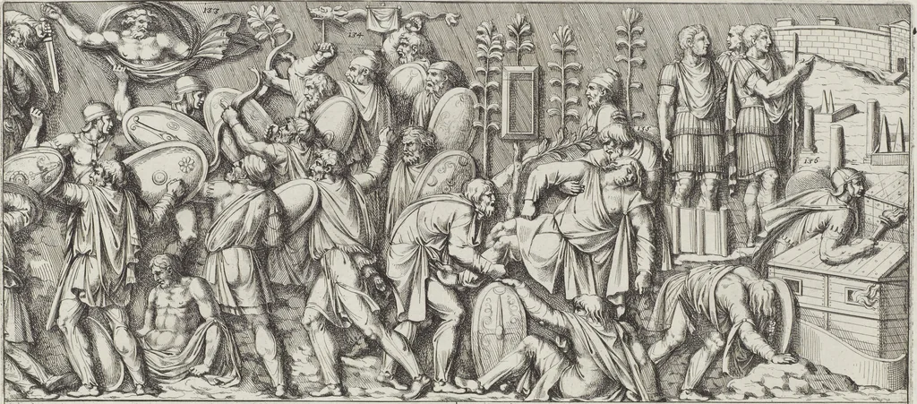 An illustration from Colonna Traiana eretta dal Senato, e popolo romano all'imperatore Traiano Avgvsto nel svo foro in Roma [electronic resource]: scolpita con l'historie della gverra dacica la prima e la seconda espeditione, e vittoria contro il re Decebalo, 1673, leaf 59