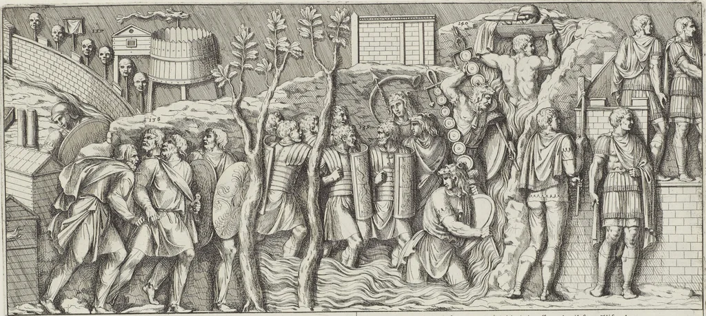 An illustration from Colonna Traiana eretta dal Senato, e popolo romano all'imperatore Traiano Avgvsto nel svo foro in Roma [electronic resource]: scolpita con l'historie della gverra dacica la prima e la seconda espeditione, e vittoria contro il re Decebalo, 1673, leaf 61