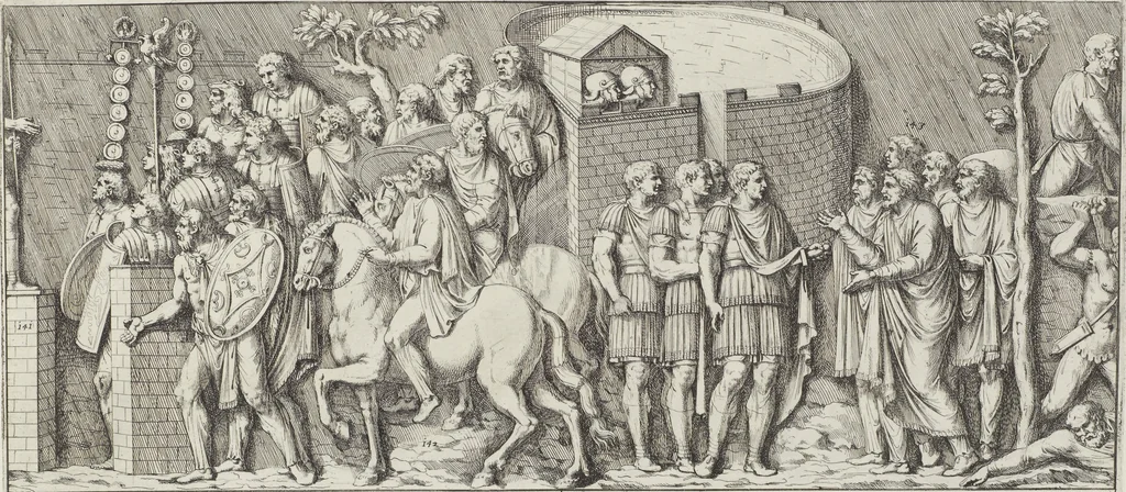 An illustration from Colonna Traiana eretta dal Senato, e popolo romano all'imperatore Traiano Avgvsto nel svo foro in Roma [electronic resource]: scolpita con l'historie della gverra dacica la prima e la seconda espeditione, e vittoria contro il re Decebalo, 1673, leaf 63