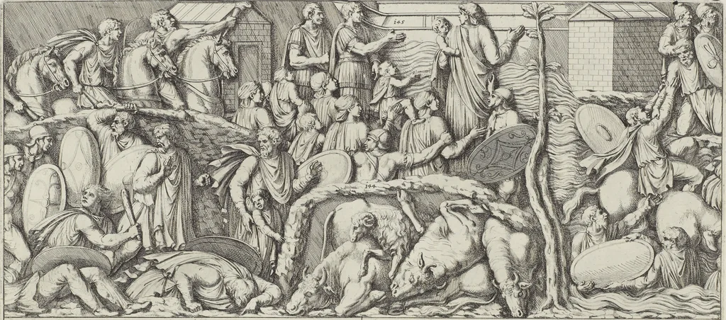 An illustration from Colonna Traiana eretta dal Senato, e popolo romano all'imperatore Traiano Avgvsto nel svo foro in Roma [electronic resource]: scolpita con l'historie della gverra dacica la prima e la seconda espeditione, e vittoria contro il re Decebalo, 1673, leaf 65