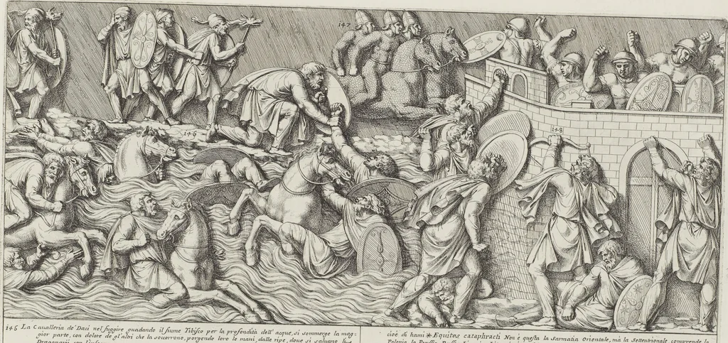 An illustration from Colonna Traiana eretta dal Senato, e popolo romano all'imperatore Traiano Avgvsto nel svo foro in Roma [electronic resource]: scolpita con l'historie della gverra dacica la prima e la seconda espeditione, e vittoria contro il re Decebalo, 1673, leaf 67