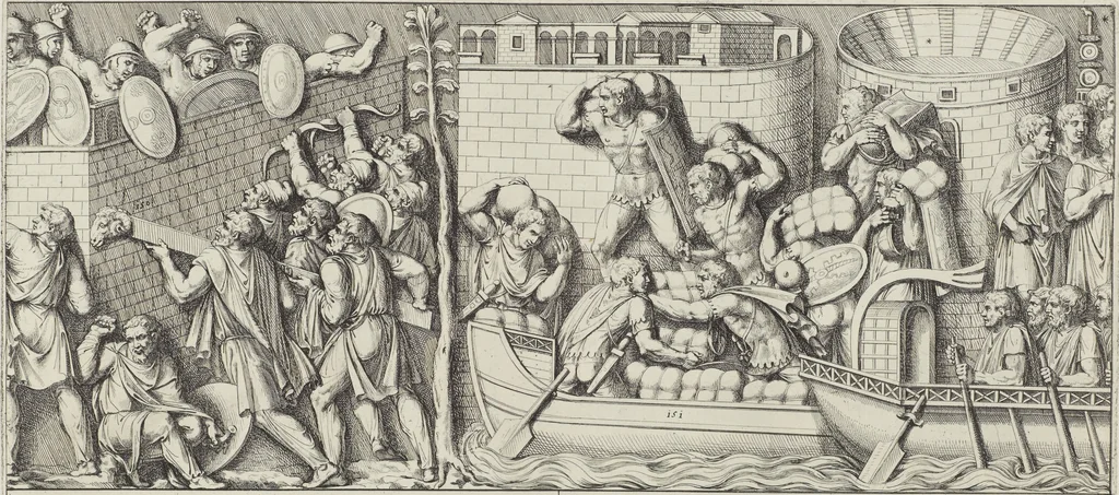 An illustration from Colonna Traiana eretta dal Senato, e popolo romano all'imperatore Traiano Avgvsto nel svo foro in Roma [electronic resource]: scolpita con l'historie della gverra dacica la prima e la seconda espeditione, e vittoria contro il re Decebalo, 1673, leaf 69