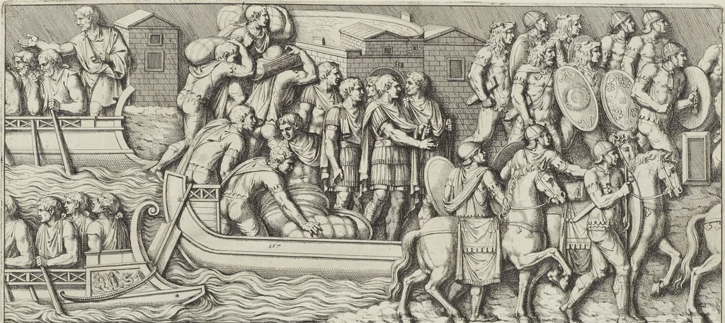 An illustration from Colonna Traiana eretta dal Senato, e popolo romano all'imperatore Traiano Avgvsto nel svo foro in Roma [electronic resource]: scolpita con l'historie della gverra dacica la prima e la seconda espeditione, e vittoria contro il re Decebalo, 1673, leaf 73