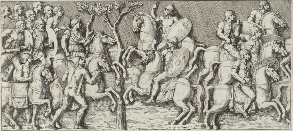 An illustration from Colonna Traiana eretta dal Senato, e popolo romano all'imperatore Traiano Avgvsto nel svo foro in Roma [electronic resource]: scolpita con l'historie della gverra dacica la prima e la seconda espeditione, e vittoria contro il re Decebalo, 1673, leaf 75