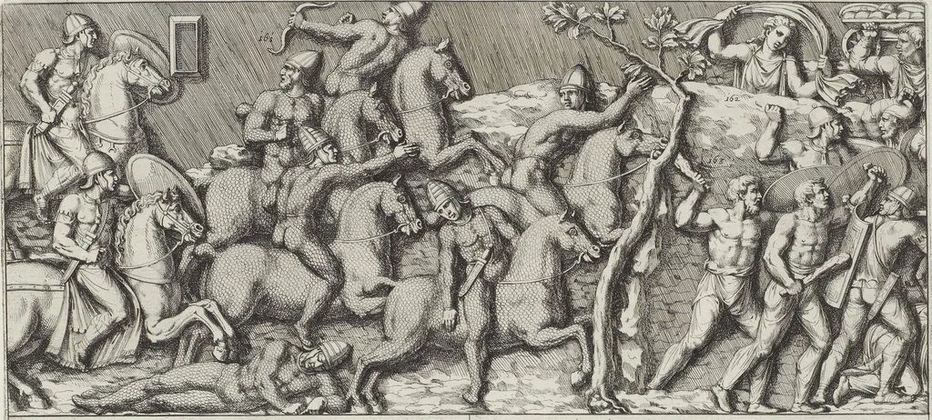 An illustration from Colonna Traiana eretta dal Senato, e popolo romano all'imperatore Traiano Avgvsto nel svo foro in Roma [electronic resource]: scolpita con l'historie della gverra dacica la prima e la seconda espeditione, e vittoria contro il re Decebalo, 1673, leaf 77