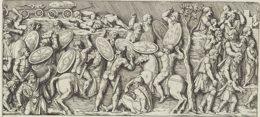 An illustration from Colonna Traiana eretta dal Senato, e popolo romano all'imperatore Traiano Avgvsto nel svo foro in Roma [electronic resource]: scolpita con l'historie della gverra dacica la prima e la seconda espeditione, e vittoria contro il re Decebalo, 1673, leaf 79